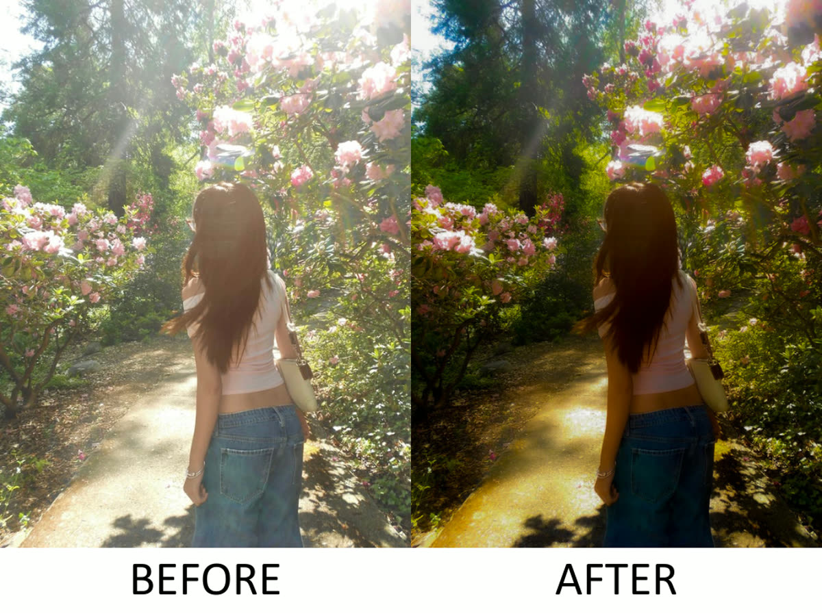 Before and after photo edit: garden path portrait, color and light enhancement