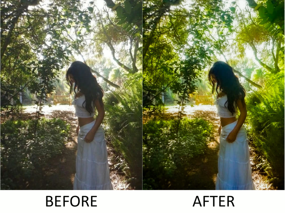 Before and after photo edit: forest path portrait, tone and glow enhancement