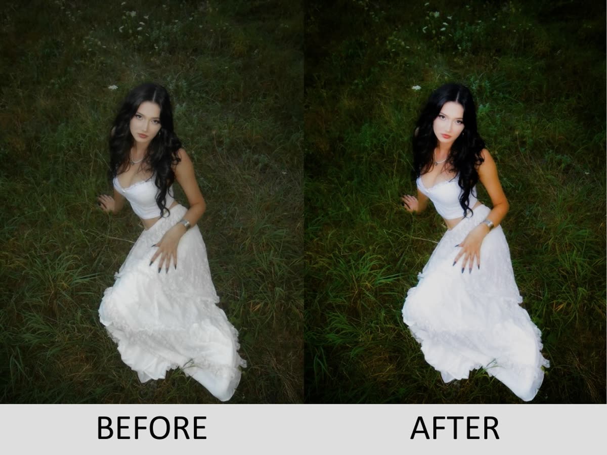 Before and after photo edit: portrait in grass field, mood color grade