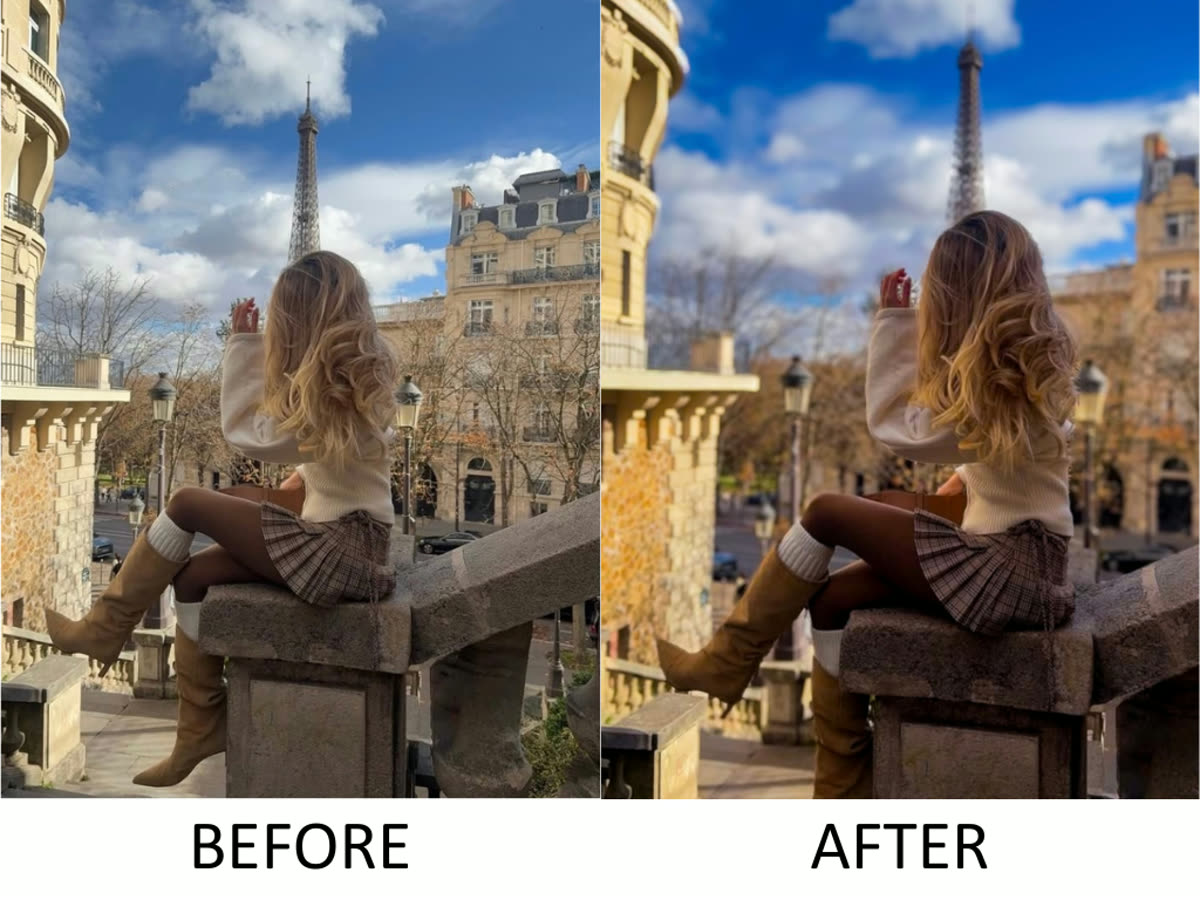 Before and after photo edit: rooftop portrait in Paris, sky and detail enhancement